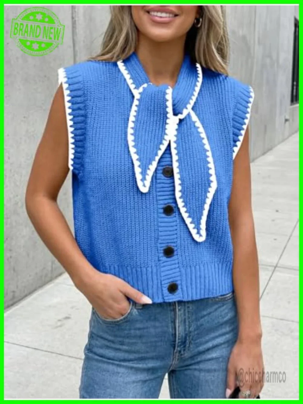 Sleeveless Sweater Vest Tie Front Color Block Button Down Knit Tank Top Summer